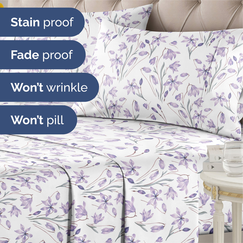 Ensemble de draps 4 pièces à motif floral Softy & Cozy, Ensemble de draps pour grand lit, Purple Iris Floral