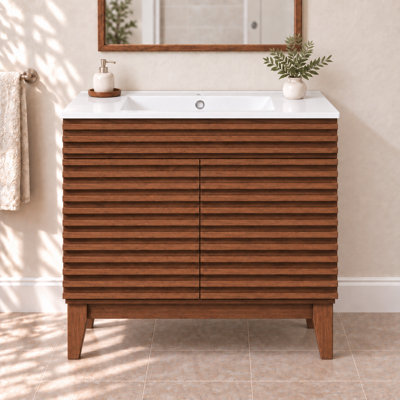Ensemble de meuble-lavabo simple 36 po Mid-Century avec lavabo, portes à fermeture douce