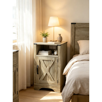 Tables de chevet de ferme avec station de charge, table d'appoint 16 po gris clair avec tablette ouverte et armoire à détails en X
