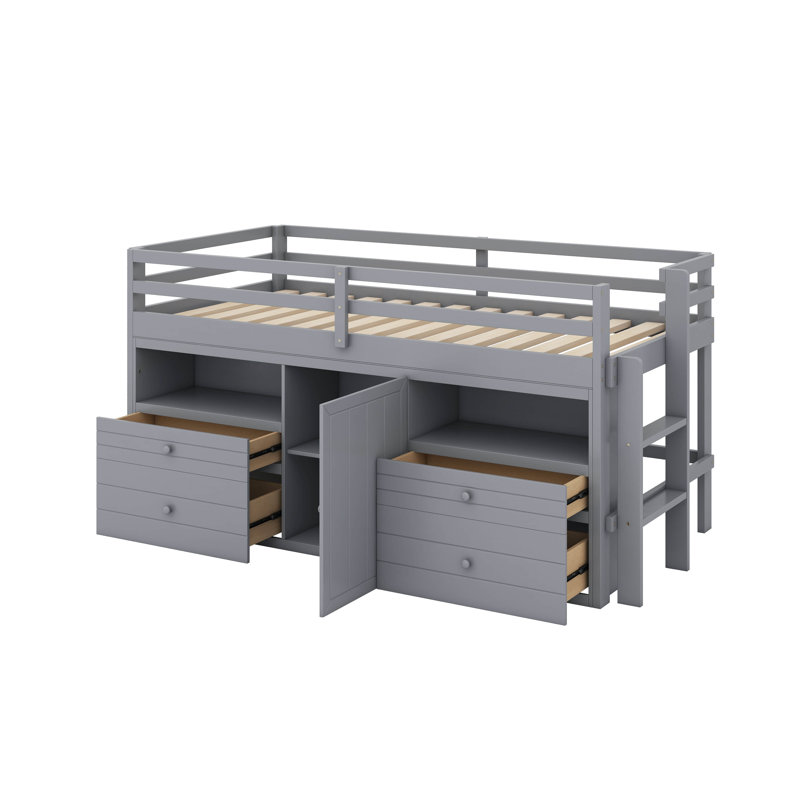 Lit mezzanine simple avec 4 tiroirs, sous l'armoire et les tablettes, Gris