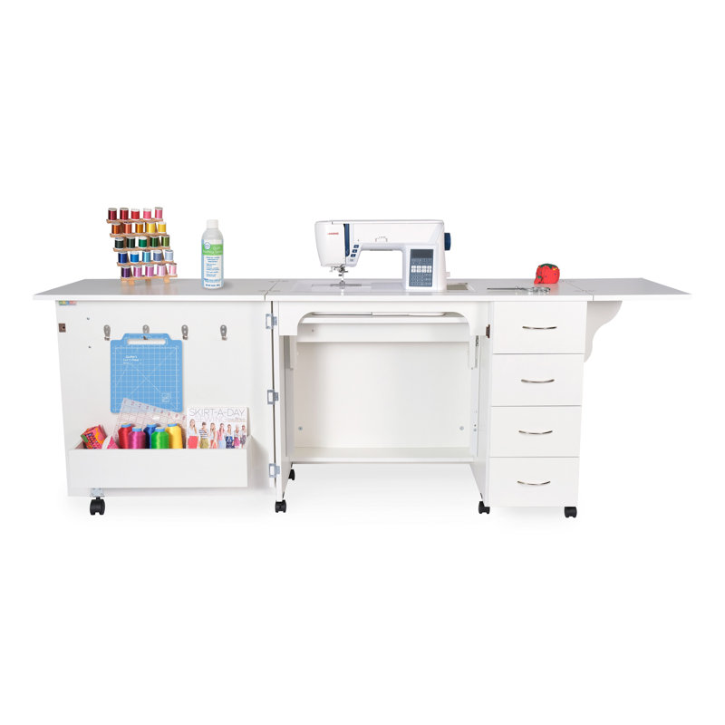 Ash White Foldable Sewing Cabinet with Drawers and Wheels