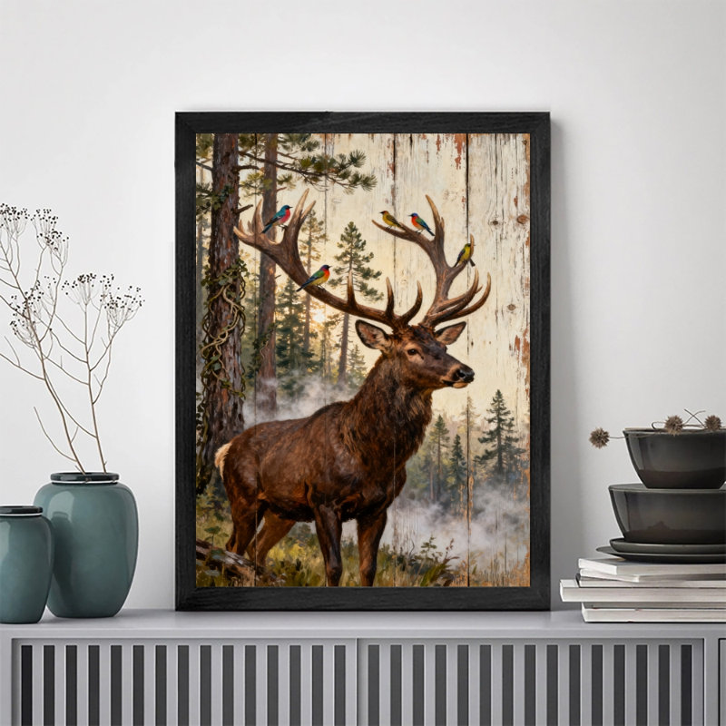 Reproduction d'art encadrée noire, cerf rétro se promenant dans la forêt, H 11 po x l 9 po