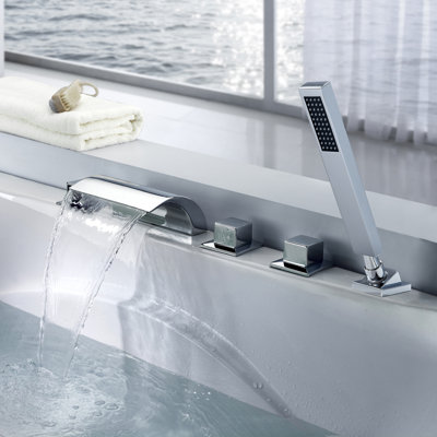 High Flow Deck Mount Roman Tub Faucet, 5-Hole 3-Handle Bathtub Faucet with Waterfall Spout & Hand Shower, Ceramic Disc Valve, Chrome Finish