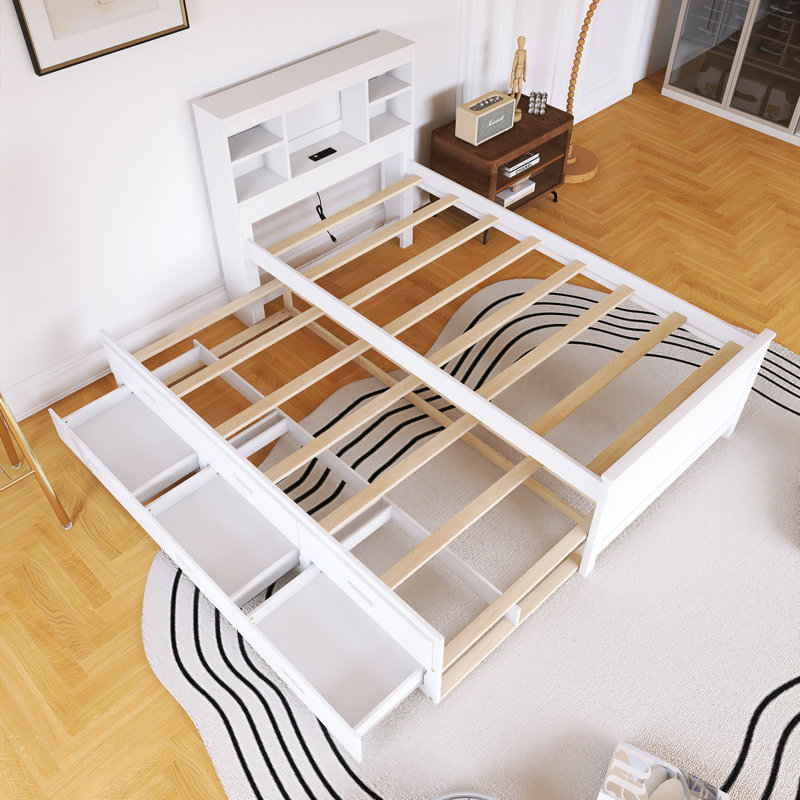 Lit plateforme simple en bois avec tête de lit et lit gigogne, Lit simple, Blanc