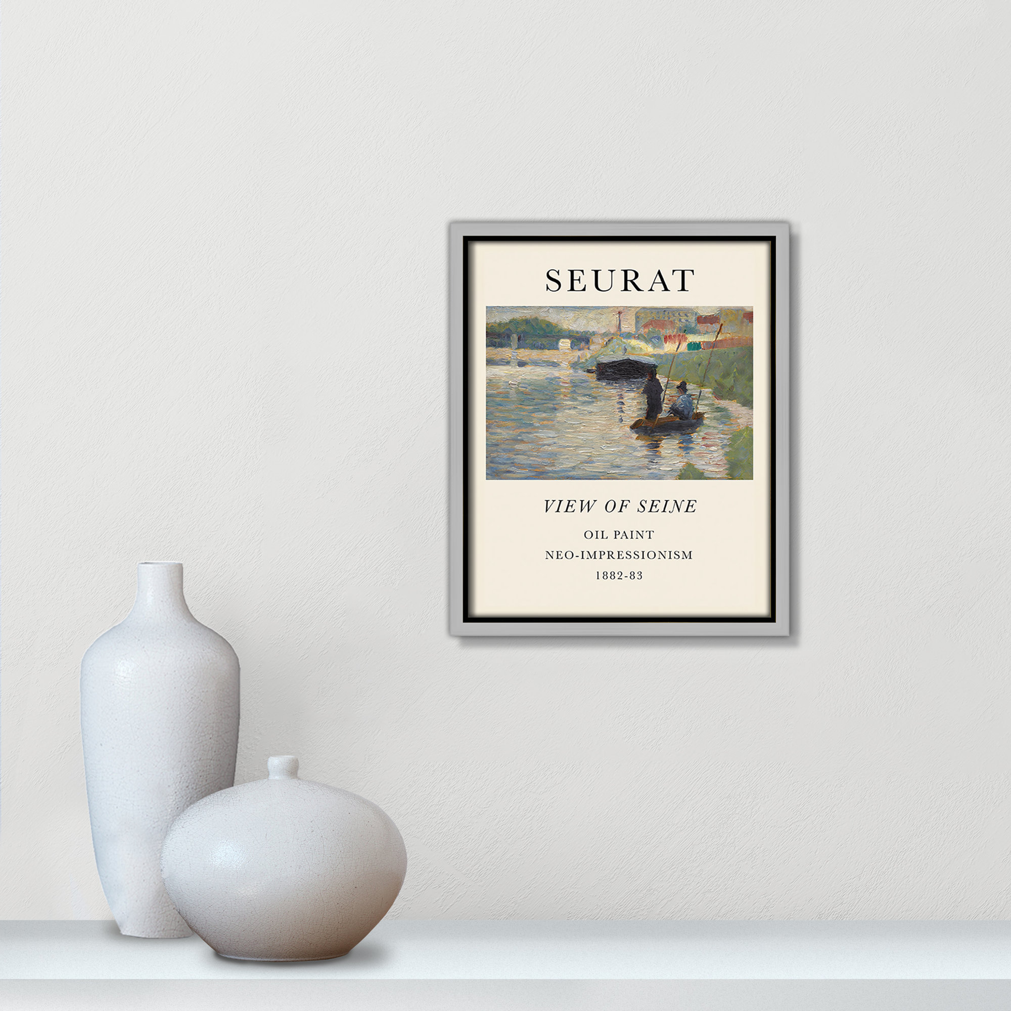 View Of Seine by Georges Seurat, Silver Floater Frame, 11.5" H x 9.5" W x 2" D, No