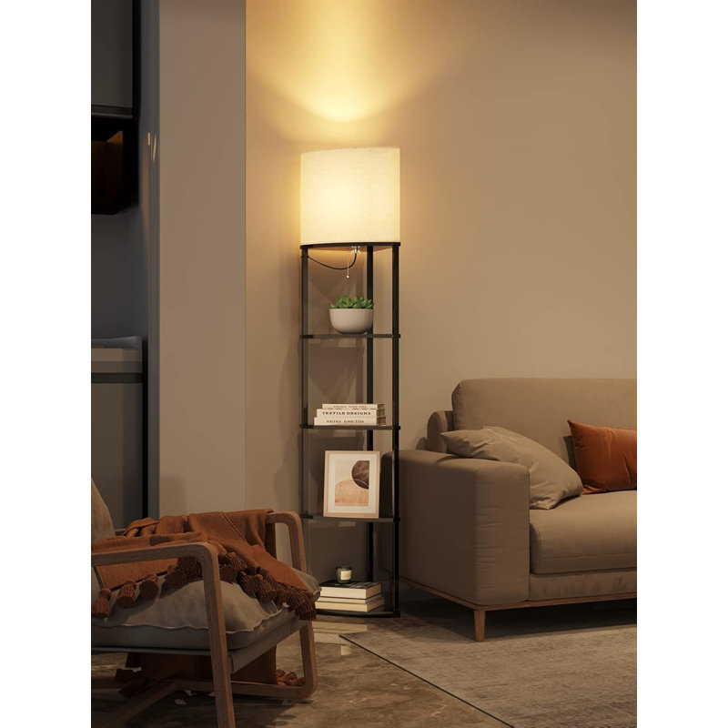 5-Tier Corner Shelving Floor Lamp With 3 Color Temperatures Led Bulb And Linen Shade - Black