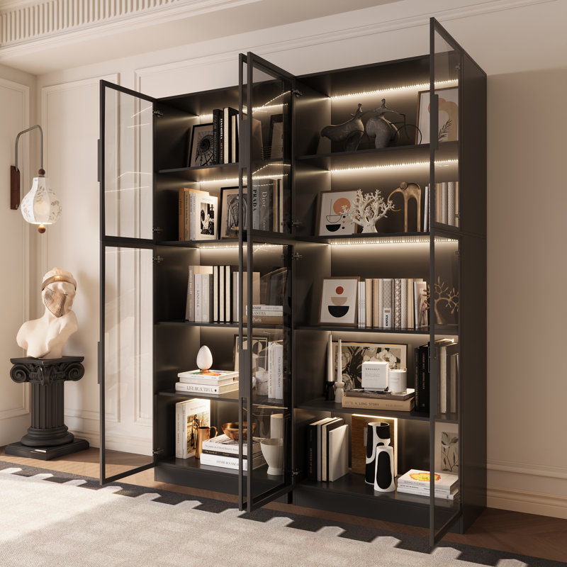 L 63 po - Bibliothèque avec portes vitrées et lumières DEL, Noir, 78.7"H x 63"W x 16"D