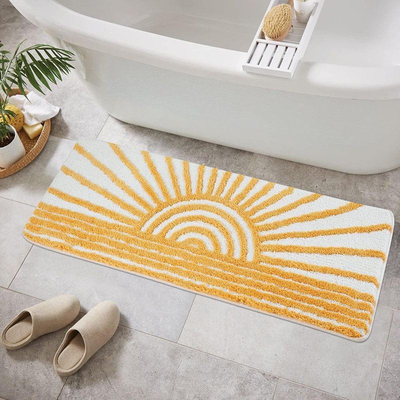 Boho Yellow White Sun Bath Mat - Non-Slip Microfiber Rug, 18x26" | Washable, Absorbent for Tub/Sink/Shower