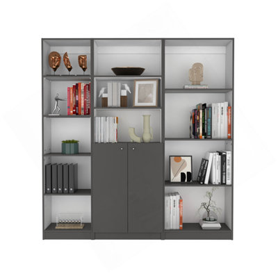 3 Piece Home Bookcase Set, 67" Wide With 12 Shelves And 2-Door Cabinet ,  Living Room Set  Matt Gray / White