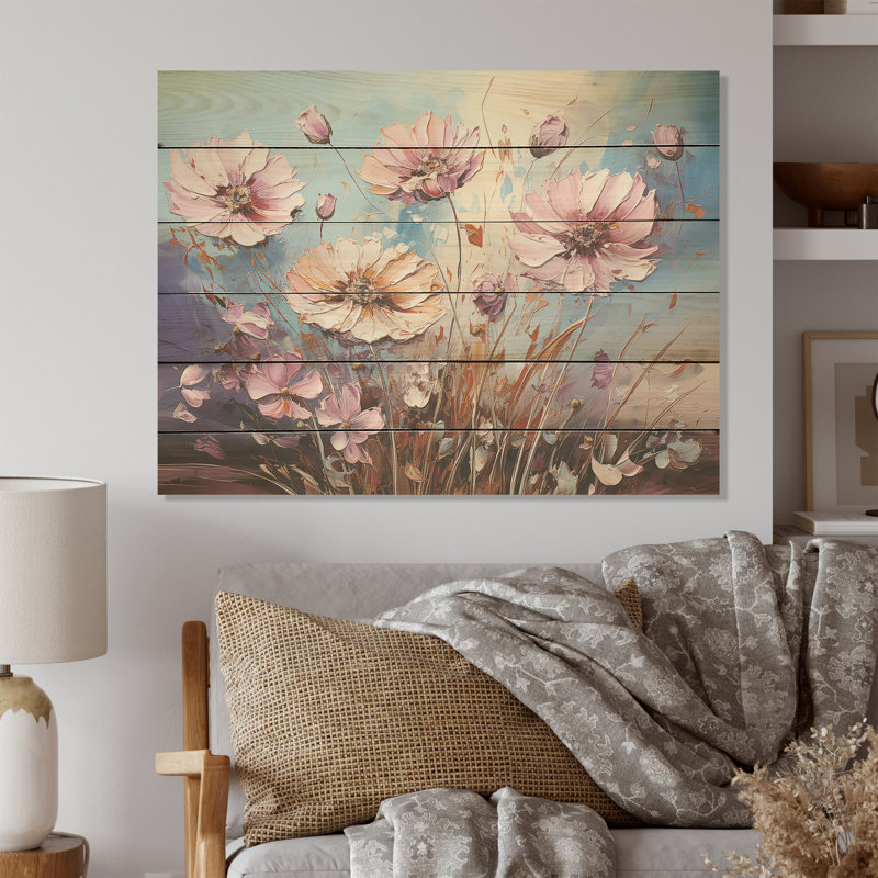 Divine cornflowers Blooming Field I - Art mural en bois champ de fleurs sur bois de pin naturel, H 24 po x l 32 po