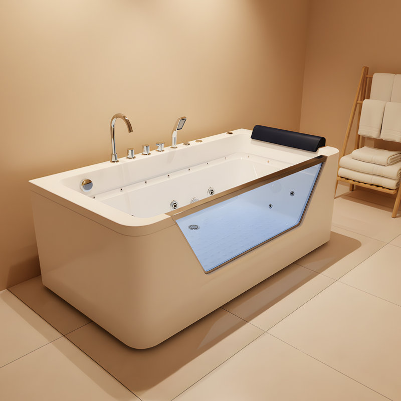 67" Bathtub, 89 Gallons, White - 7 Jets, Led , Slip Tub, Waterproof Gallon Size, Hydro Massage Ergonomic Control , Tempered Glass Panel