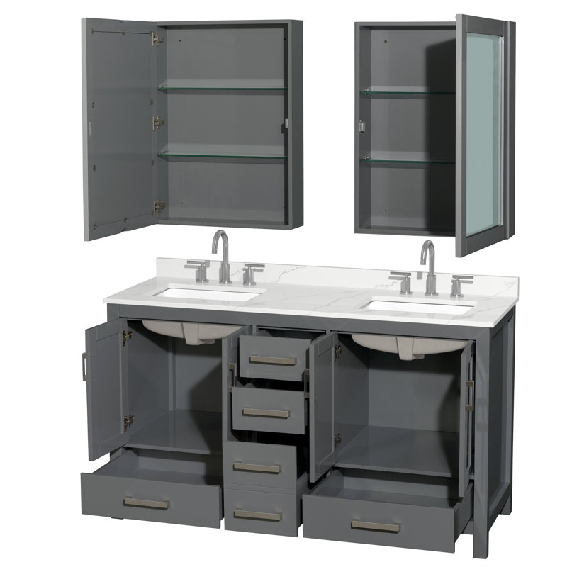 Sheffield 60" Freestanding Double Bathroom Vanity with Quartz Top with Medicine Cabinets, Dark Gray, Chrome, Giotto Quartz