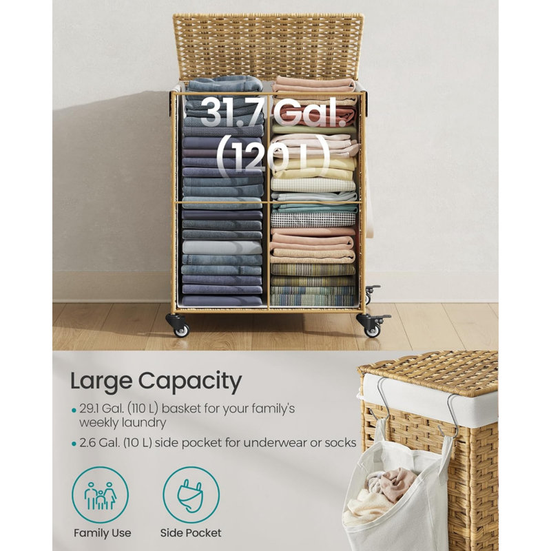 120L Rolling Laundry Hamper with Lid & Wheels, Synthetic Rattan, Removable Liner