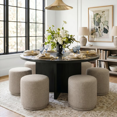 Modern 7-Piece Round Dining Set With Pedestal Base Table And Upholstered Ottoman Seating