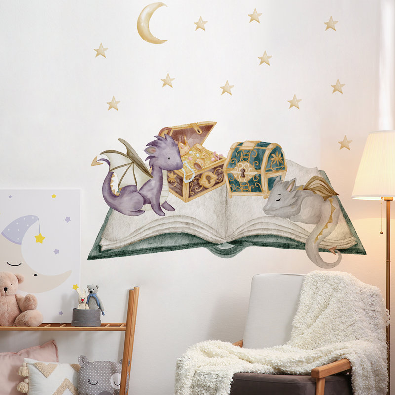 Autocollants muraux bébé dragon et livre magique