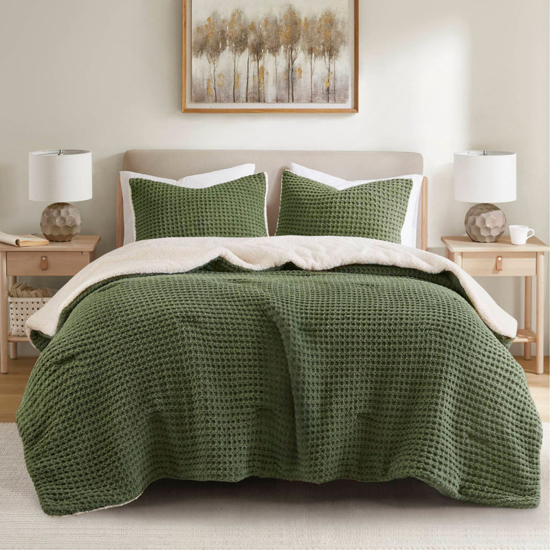 Ensemble d'édredon 3 pièces chenille tricoté gaufré, olive, King Comforter + 2 Shams