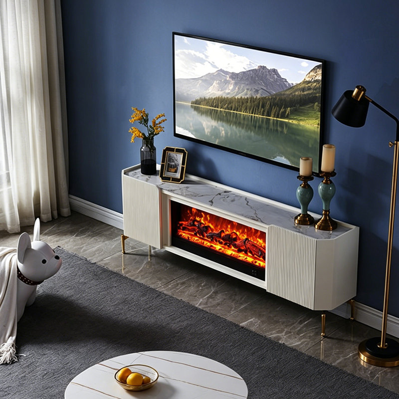 Meuble télé contemporain avec foyer électrique et nervures blanches Contemporary