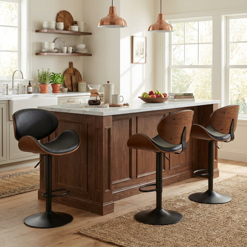 Modern Swivel Upholstered Barstool, Adjustable Height Bentwood Counter Stool, Faux Leather Modern Bar Stool with Footrest