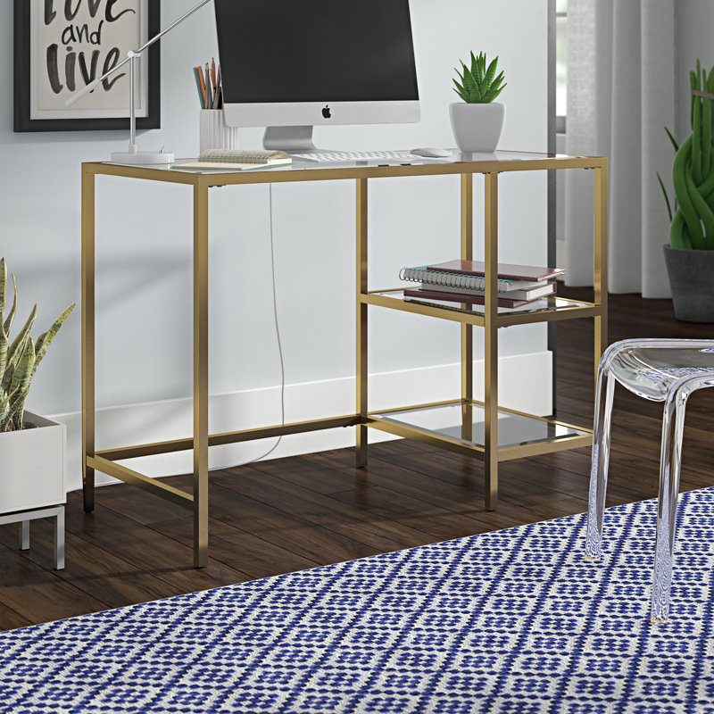 Glass Top Metal Base Writing Desk, Gold