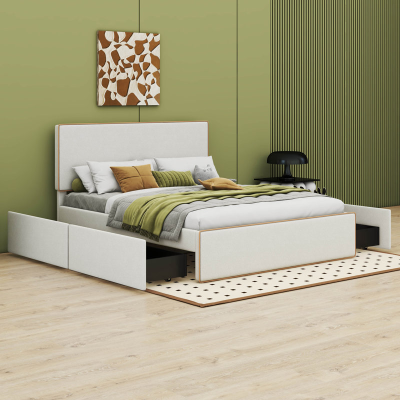 Lit plateforme tapissier double Tomoaki avec 4 tiroirs et un bord sur la tête et le pied de lit, Double, Blanc