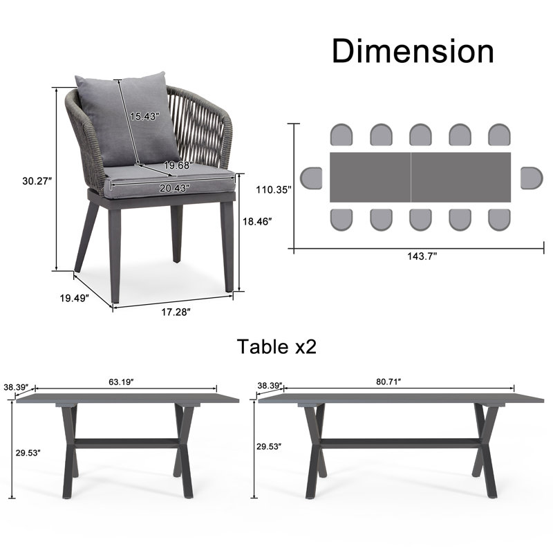Ensemble repas d'extérieur rectangulaire pour 12 personnes avec coussins Mariyha