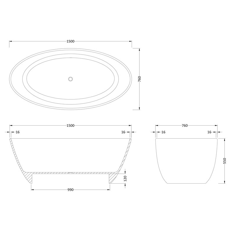 Grace 1510mm x 760mm Soaking Acrylic Bathtub