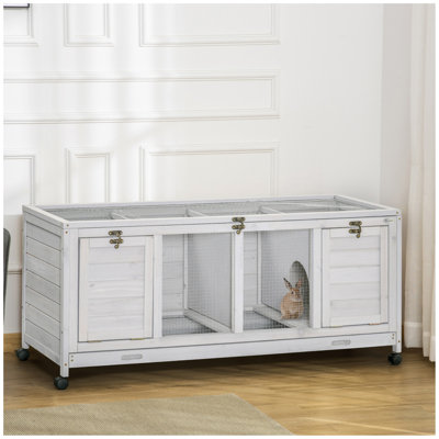Cage à lapin en bois, cage à lapin avec roues, cloisons, toit ouvrable, plateaux amovibles, cages pour petits animaux pour 1 à 2 lapins, utilisation intérieure / extérieure, gris clair