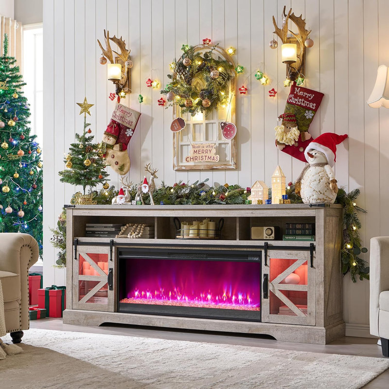 Taye 2-Cabinet TV Stand Fireplace, Light Rustic Oak