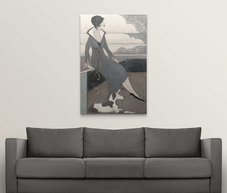 «Pendergrass Art Deco Lady with Dog» par Megan Meagher, reproduction d'art, H 48 po x l 32 po x P 1,5 po, Toile