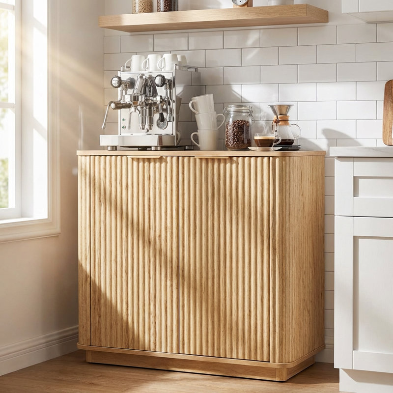 Contemporary Curved Wave Design Storage Cabinet, Featuring Adjustable Interior Shelving and Durable Engineered Wood Construction