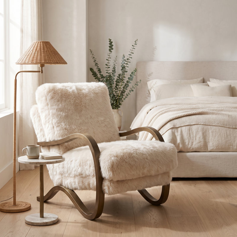 Chaise d'appoint moelleuse de style Mid-Century moderne avec structure en métal courbé bronze brossé, ensemble de 1