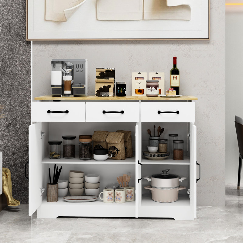 Buffet blanc avec 3 tiroirs et portes pour la cuisine, la salle à manger, le rangement polyvalent du salon, une fabrication supérieure avec une structure stable