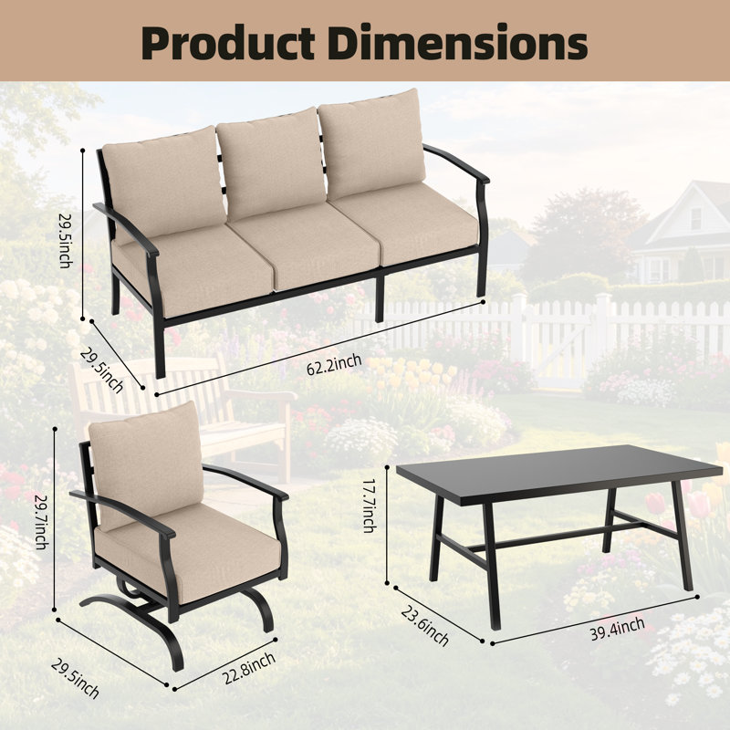 4-Piece Outdoor Metal Patio Conversation Set With Cushions, Tan