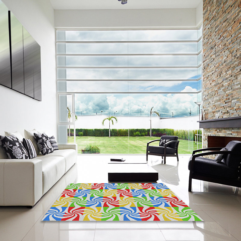 Tapis rouge/bleu/vert à motif, Carré 3 pi