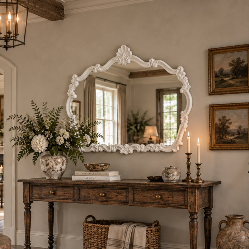 Renaissance Duck Carved Landscape Wall Mirror, White