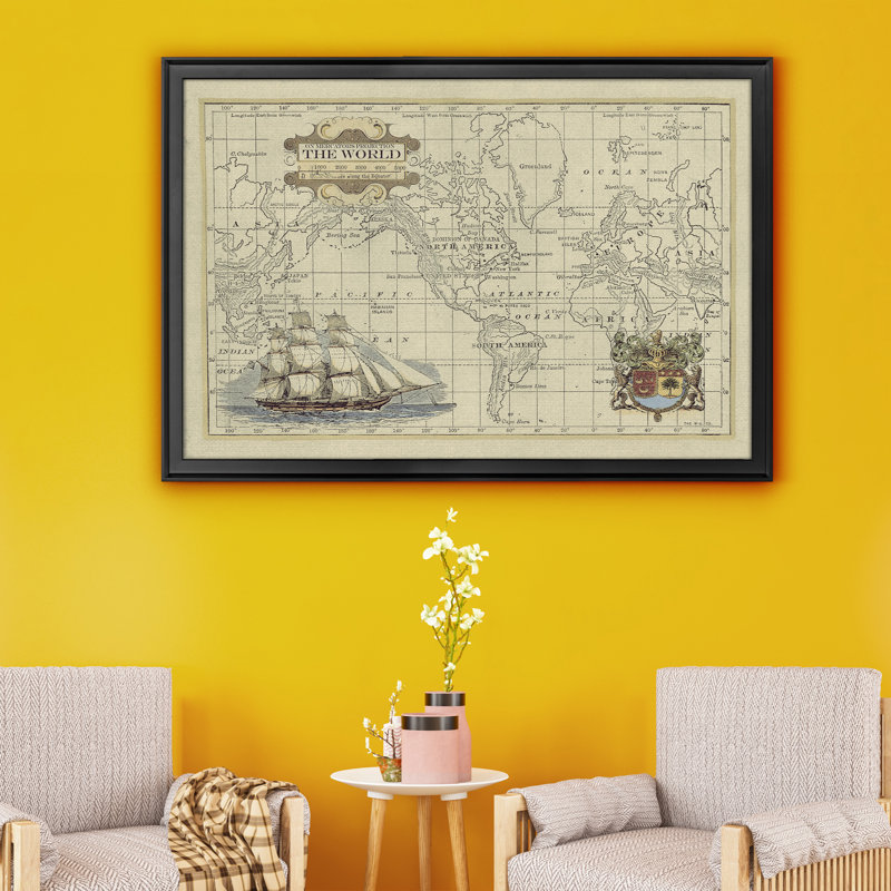 Antique Map Of The World - Vintage World Map, Matted and Framed Under Glass, Office and Library Wall Art, Black