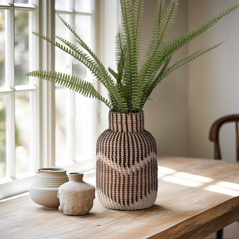 Keianna Vase Rattan Chevron Pattern 13" Multicolor Brown Black Ivory for Home Office Bedroom Living Room Decor