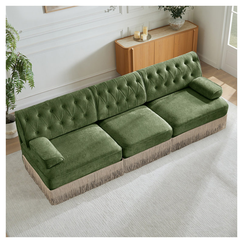 Canapé Chesterfield 3 places en velours vert avec frange de sol et canapé modulaire pour animaux, Vert