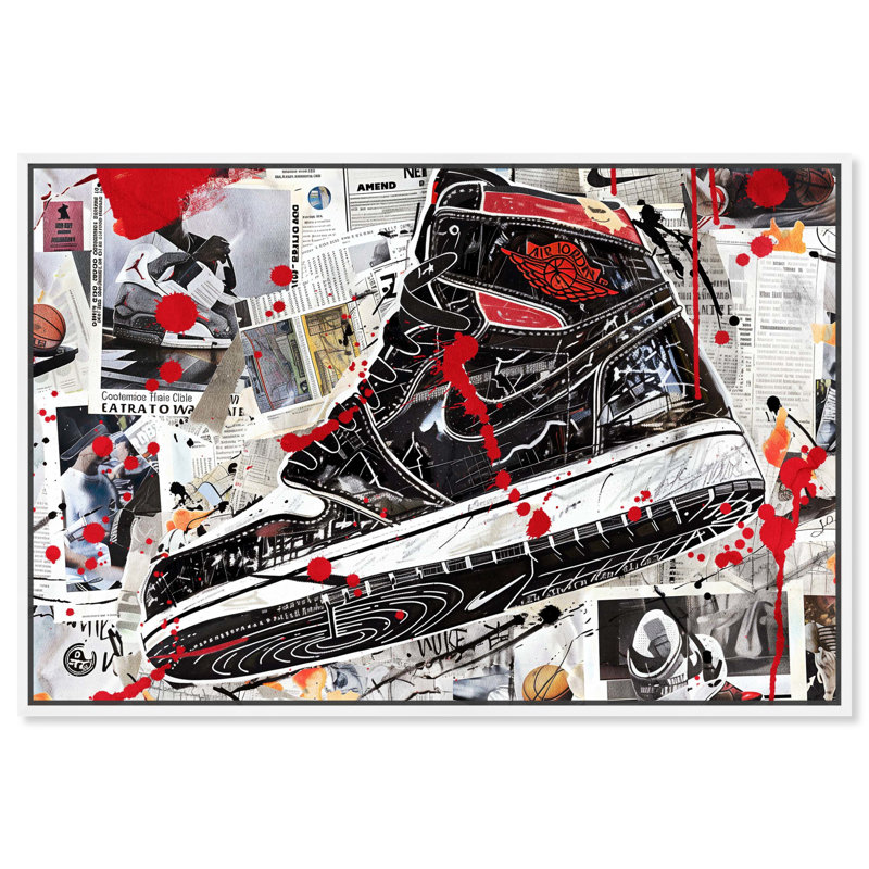 "Splatter Sneaker Collage", art mural de style urbain par Notoriart, Cadre blanc, H 31 po x l 46 po