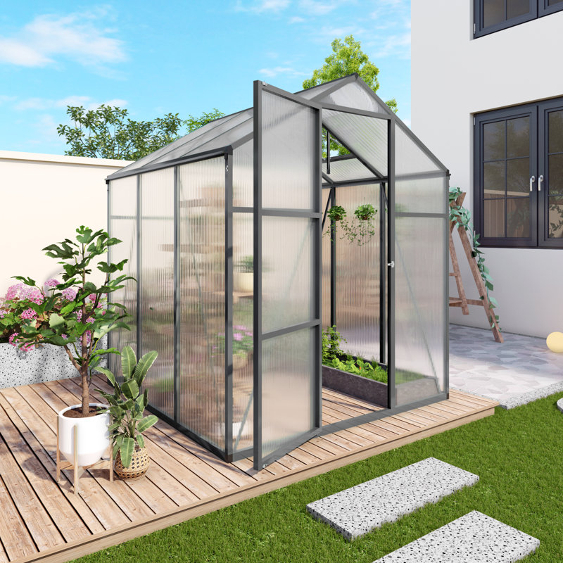 Heavy-Duty Aluminum Walk-In Greenhouse With 4Mm Polycarbonate Panels, Raised Base & Anchor Kit - Windproof All-Season Outdoor Greenhouse (Black) For Backyard/Terrace/Garden, Uv Protection & Drainage System