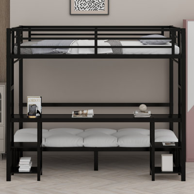 Metal Bunk Bed/Loft Bed With Desk And Shelves, Multiple Uses Folds Into Sofa With LED And USB
