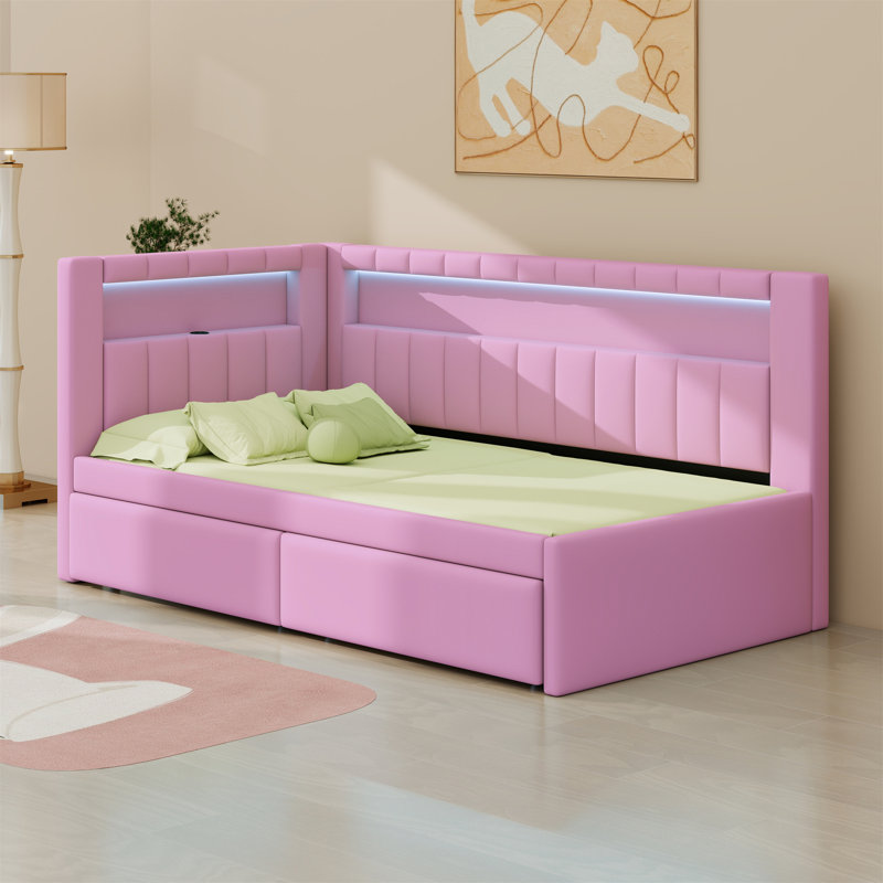 Lit plateforme tapissier avec ports USB et ceinture à DEL, avec 2 tiroirs, Rose