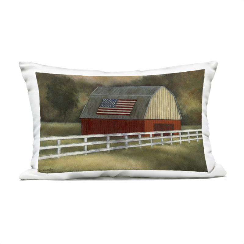 Tranquil Barn with American Flag Outdoor Printed Pillow, design by David Swanagin