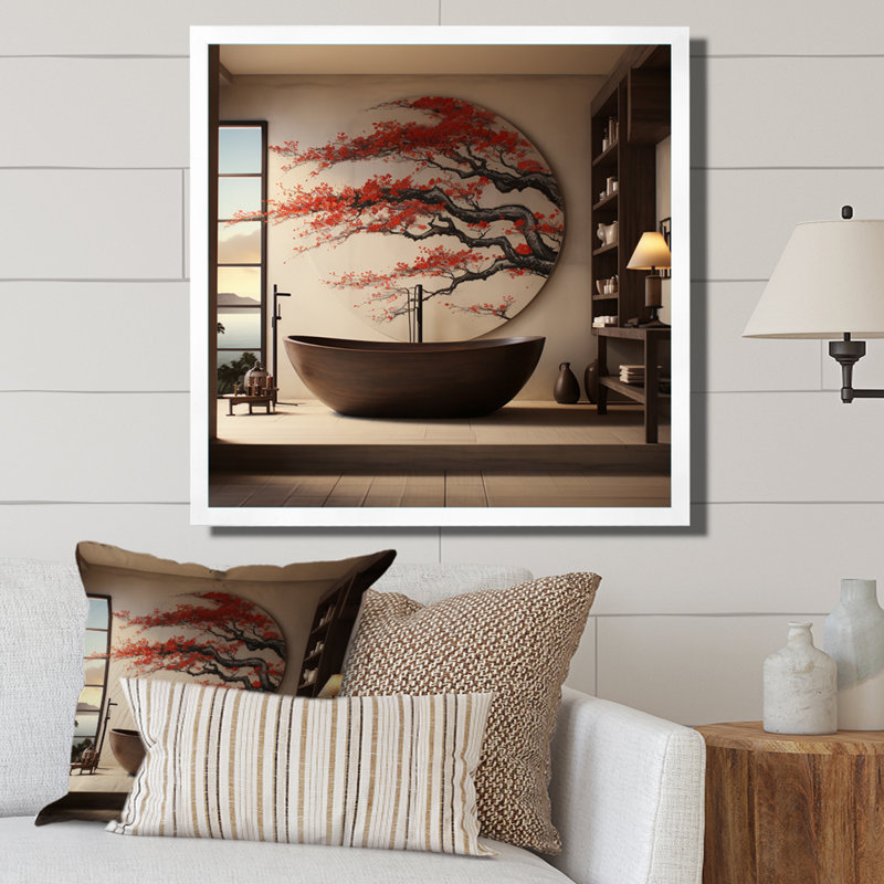 «Bathroom Bathroom», art mural japonais - Art mural de salle de bain, H 16 po x l 16 po x P 1 po, Cadre simple blanc