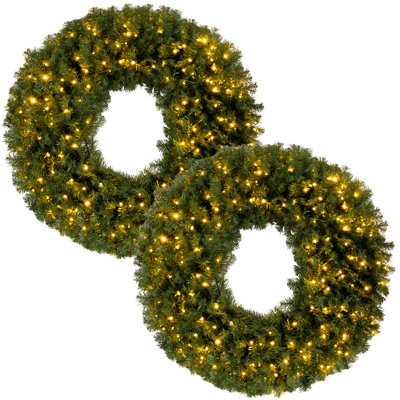 Indoor/Outdoor Large Pre-Lit Christmas Wreaths 2-Pack, 48” Artificial Spruce Christmas Wreath Set with 200 LED Lights and 702 Realistic Branches, Holiday Decor for House, Porch, Wall, Green