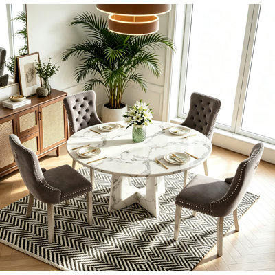 Round 47.24" Dining Table Set for 4, Farmhouse Circle Kitchen Table with 4 Velvet Upholstered Dining Chairs, Wooden Kitchen and Dining Room Table Set for Kitchen Living Room