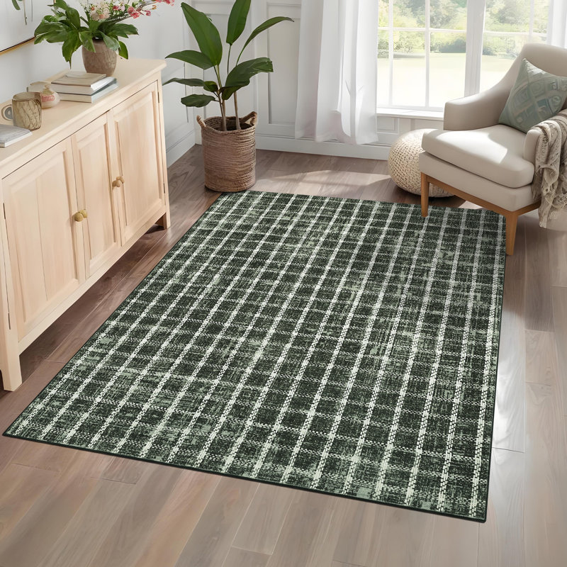 Machine Washable Rug Modern Plaid Rug Soft Area Rug Non Slip Soft Thin Rug Low Pile Foldable Rug for Living Room, Bedroom, Dining Room