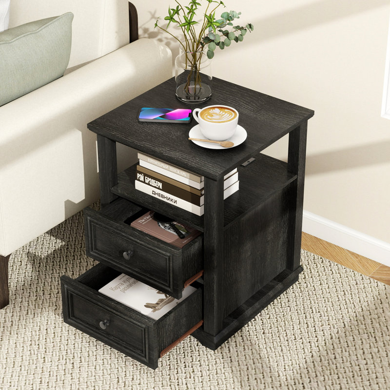 18 Inch Wide Nightstand With Charging Station, Side Table With Open Shelf, 2 Drawers Wood Dresser, End Table For Bedroom & Living Room