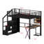 Lit mezzanine avec espace de travail intégré, armoire, escalier de rangement et éclairage DEL