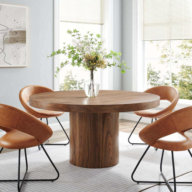Modern Walnut 60" Round Wood Grain Dining Table for Six